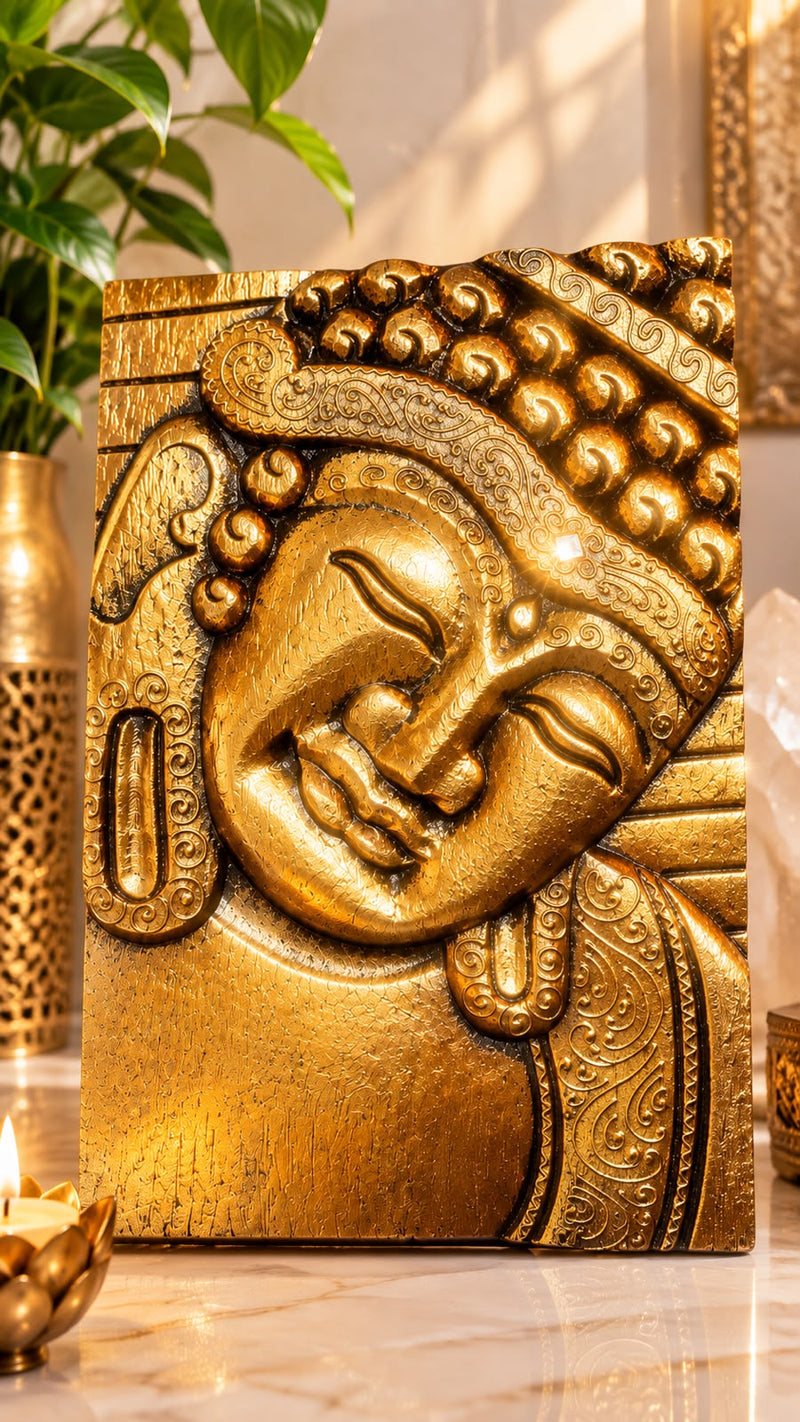 QUADRO ROSTO DE BUDA DOURADO